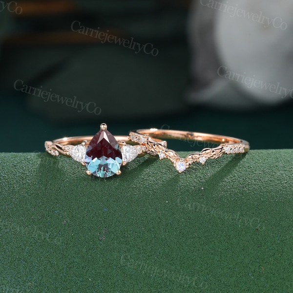 Pear shaped Alexandrite engagement ring set Unique Rose gold Diamond ring Trillion cut Bridal set Half eternity twisted Anniversary ring