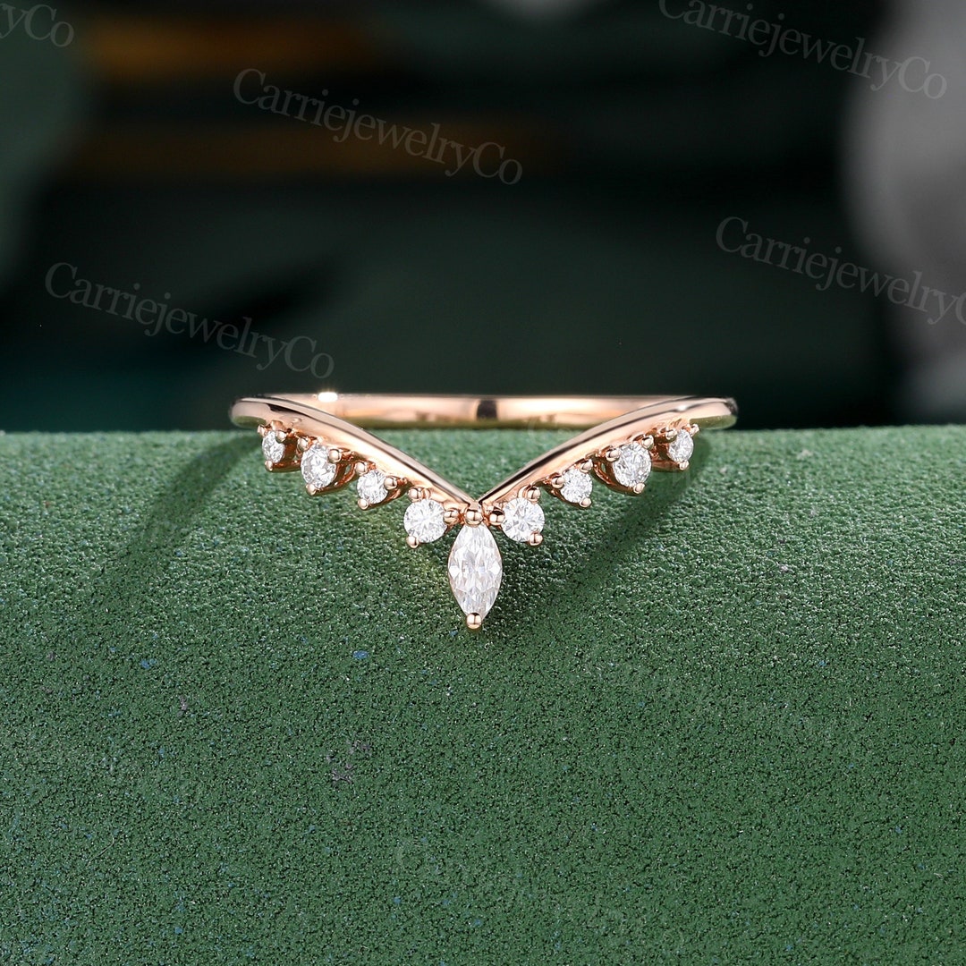 Marquise Cut Moissanite Curved Wedding Band Solid Rose Gold Wedding ...