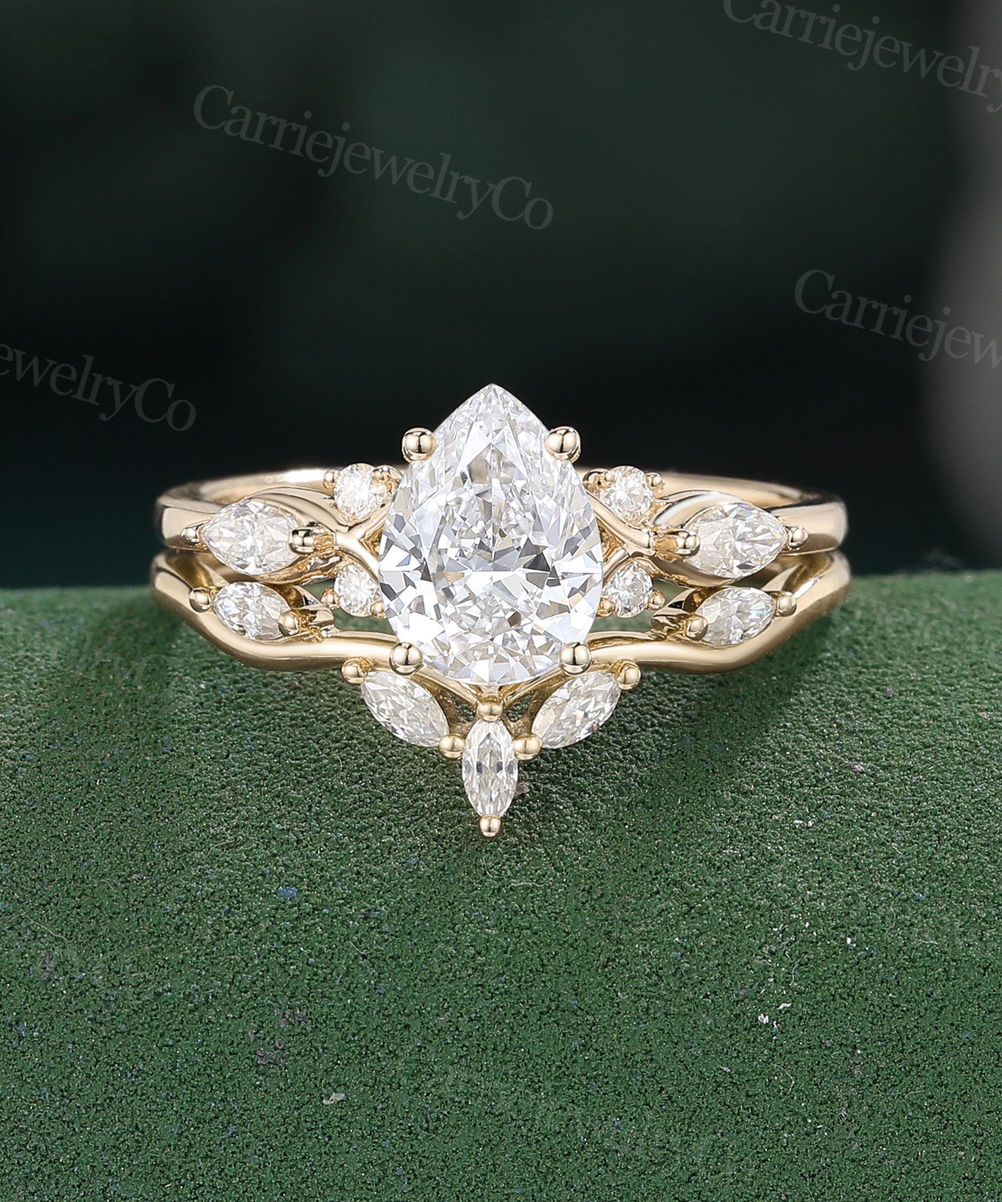 1CT IGI Certified Pear Shaped Lab Diamond Engagement Ring Set Unique ...