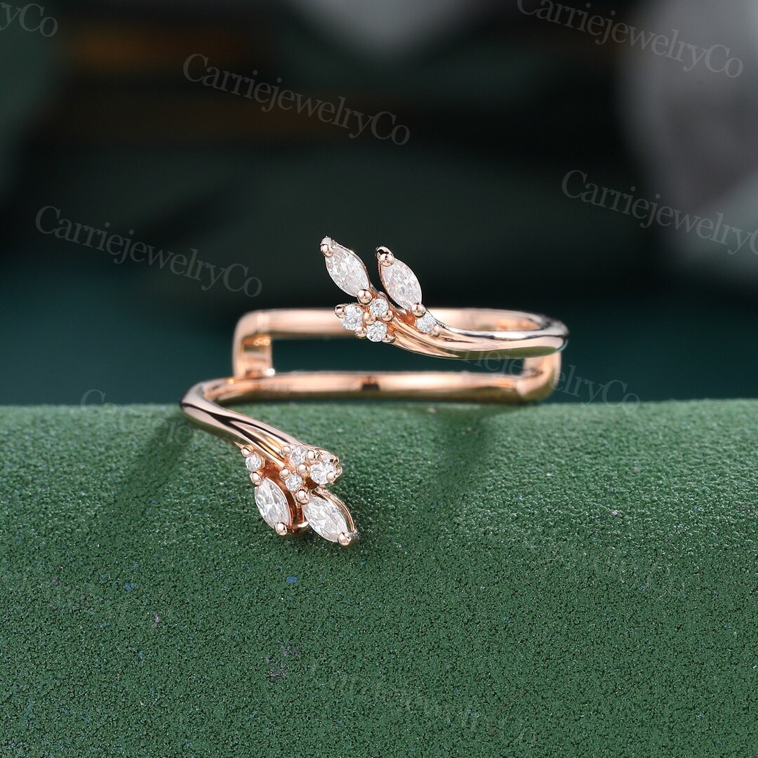 Marquise Cut Moissanite Curved Wedding Band Vintage Rose Gold Open Band ...