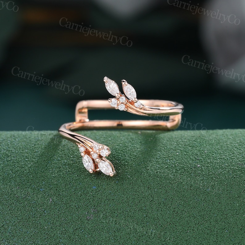 Marquise Cut Moissanite Curved Wedding Band Vintage Rose Gold Open Band ...