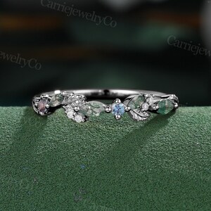 Marquise cut Moss agate Wedding band Black Gold Alexandrite Moissanite marriage ring Dainty Leaf ring Promise Anniversary wedding band