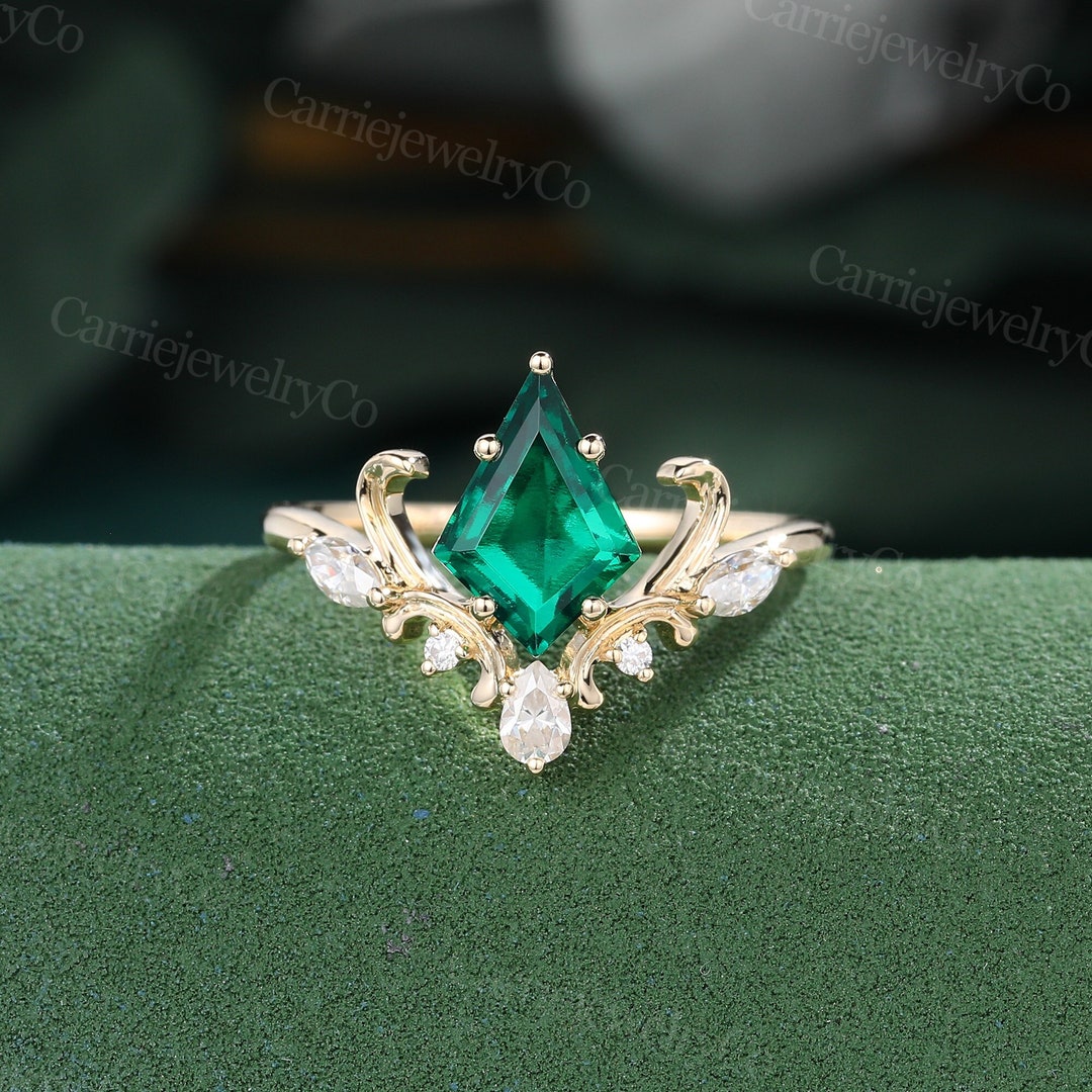 Kite Cut Emerald Engagement Ring Yellow Gold Wedding Ring Cluster