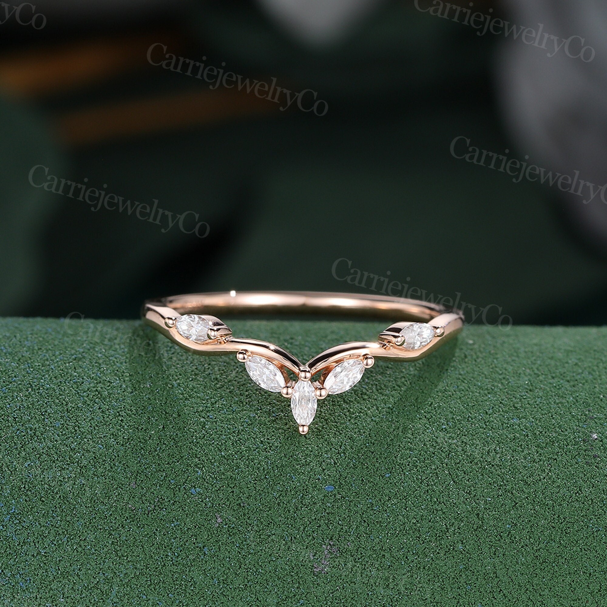Curved wedding band Marquise Lab grown diamond wedding band Unique Rose gold ring Art deco Stacking Matching ring Promise Anniversary gift