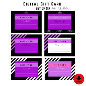 GIFT CARD Set van zes maten A6, persoonlijke cadeaubon, cadeaubon, digitaal, afdrukbaar, cadeau, cadeau, last-minute cadeau, unieke cadeaubonnen,
