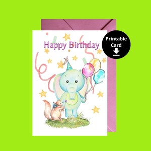 Cartão de aniversário elefante e amigo para impressão, cartão de aniversário imprimível para crianças, cartão de aniversário fofo, exclusivo, cartão de felicitações, cartão colorido, cartão de elefante