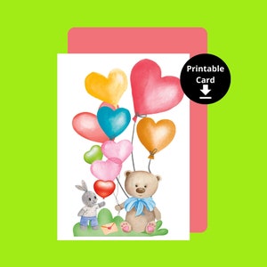Tarjeta de felicitación Sweet Bear y su amigo lindo conejito, tarjeta de felicitación imprimible,