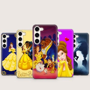 May include: A selection of phone cases showcasing characters and scenes from the animated film "Beauty and the Beast." The cases feature Belle, the Beast, and other characters in bright colours. The cases are in various colours, including yellow, purple, and blue.