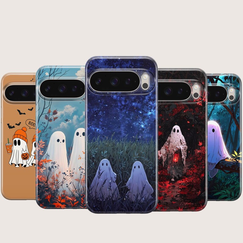 May include: Five phone cases with Halloween ghost designs. The cases display illustrations of ghosts in diverse settings, such as a starry night, a forest, and a pumpkin patch. Each case has a unique colour scheme and design.