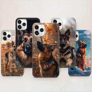 Peut inclure: Plusieurs coques de téléphone avec des motifs de Berger Allemand. Les coques présentent diverses représentations artistiques de la race, notamment des portraits et des arrière-plans scéniques. Les coques sont de différentes couleurs et styles.