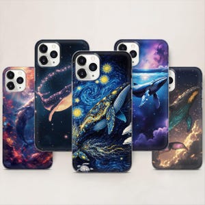 May include: A collection of five phone cases featuring whale designs. Each case showcases a different artistic style, including starry night, ocean scenes, and celestial themes. The cases are primarily dark with vibrant whale illustrations.