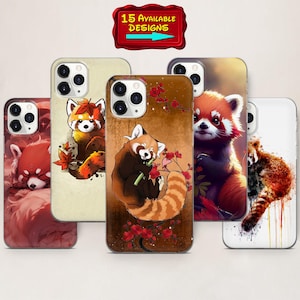 Op de afbeelding: Een verzameling telefoonhoesjes met rode panda-ontwerpen. De hoesjes tonen verschillende artistieke stijlen, waaronder illustraties en aquareleffecten. De hoesjes hebben verschillende achtergronden, waaronder bloemen- en abstracte ontwerpen. De tekst "15 AVAILABLE DESIGNS" wordt weergegeven.