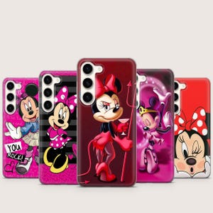 May include: Five phone cases with Minnie Mouse designs. The cases display Minnie in different outfits and poses, with bright colours and detailed illustrations. The cases are designed to fit a specific phone model.