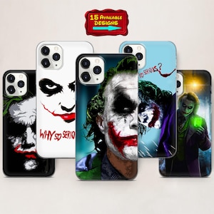 Könnte beinhalten: Eine Auswahl an Smartphone-Hüllen mit verschiedenen künstlerischen Darstellungen der Figur des Jokers. Die Hüllen zeigen lebendige Farben und Text, mit einer Vielzahl von Designs. Für ein Mobiltelefon.