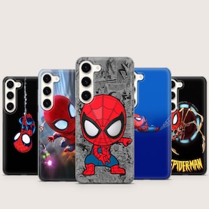 May include: A collection of five phone cases featuring Spider-Man designs. The cases showcase various poses and styles of the superhero, with vibrant red, blue, and black colors. One case has a comic book-style background, while others feature action poses.