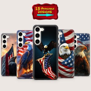 May include: A collection of phone cases featuring patriotic designs. The cases showcase images of American flags and bald eagles. The cases are in various colors, including red, white, blue, and black. The text "15 AVAILABLE DESIGNS" is displayed in a red banner.