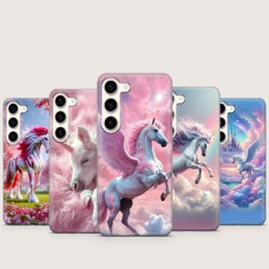 May include: A collection of five phone cases featuring fantasy unicorn designs. Each case showcases a different unicorn illustration, with varying colors and backgrounds, including pink clouds, a castle, and a field of flowers. The cases are designed for a smartphone.