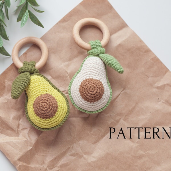 Avocado baby rattle PDF crochet pattern, english language digital tutorial, baby teether diy instruction, food fruit toy instant download