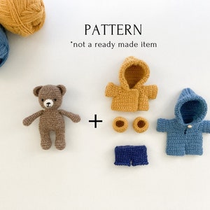 crochet pattern bear with set of clothes, VIDEO, amigurumi crochet Paddington, crochet toy, coat, jumpsuit, tutorial in PDF, easy to follow