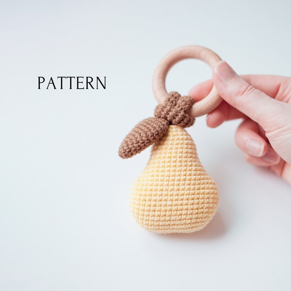 Pear baby rattle crochet pattern PDF, easy digital tutorial, baby teether DIY instruction, food fruit toy instant download for beginners