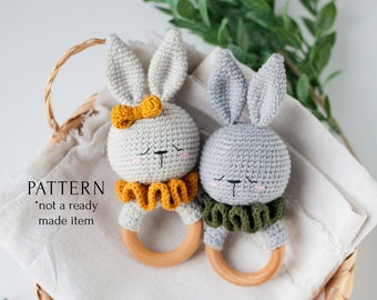 Bunny Baby Rattle Crochet Pattern, Amigurumi  Rabbit Easter Soft Toy, Animal Newborn Toy DIY, Simple Easy Tutorial for Beginners