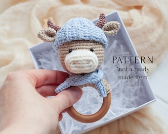 Bull Rattle Toy Crochet Pattern, Winter Christmas Gift for Baby DIY, Instruction for Beginners, Cow English Instant Download  PDF Tutorial