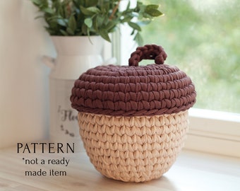 Acorn Basket Crochet Pattern, T-Shirt Yarn Basket Instruction, Autumn Fall Cozy Home Décor, Halloween Thanksgiving Decoration Hugge Mood DIY