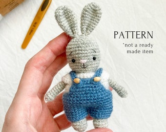 crochet pattern rabbit in overalls outfit, VIDEO, amigurumi crochet bunny, crochet toy, tutorial in PDF, easy to follow