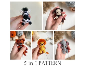 Amigurumi 5 in 1 bundle: monkey, elephant, lion, zebra, tiger, amigurumi mini toys pattern, crochet tutorial, toys for dolls