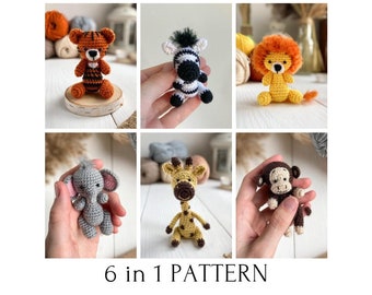 Amigurumi 6 in 1 bundle: monkey, elephant, lion, zebra, tiger, giraffe, amigurumi mini toys pattern, crochet tutorial, easy to follow