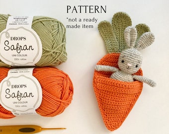 Virkmönster för liten kanin i morotssovsäck, påskpresentidé, virkad kanin, amigurumi-kaninmönster, virkhandledning