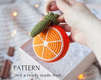 Orange baby rattle PDF crochet pattern for beginners, tropical baby shower, super easy baby teether DIY instruction, citrus food fruit toy
