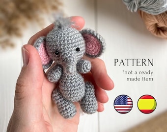 Elephant crochet toy pattern in English and Spanish, amigurumi mini elephant pattern, crochet tutorial, toys for dolls, safari amigurumi