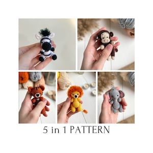 Amigurumi 5 in 1 bundle: monkey, elephant, lion, zebra, tiger, amigurumi mini toys pattern, crochet tutorial, toys for dolls