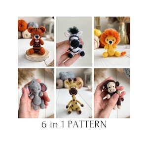 Amigurumi 6 in 1 bundle: monkey, elephant, lion, zebra, tiger, giraffe, amigurumi mini toys pattern, crochet tutorial, easy to follow