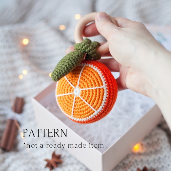 Orange baby rattle PDF crochet pattern for beginners, tropical baby shower, super easy baby teether DIY instruction, citrus food fruit toy