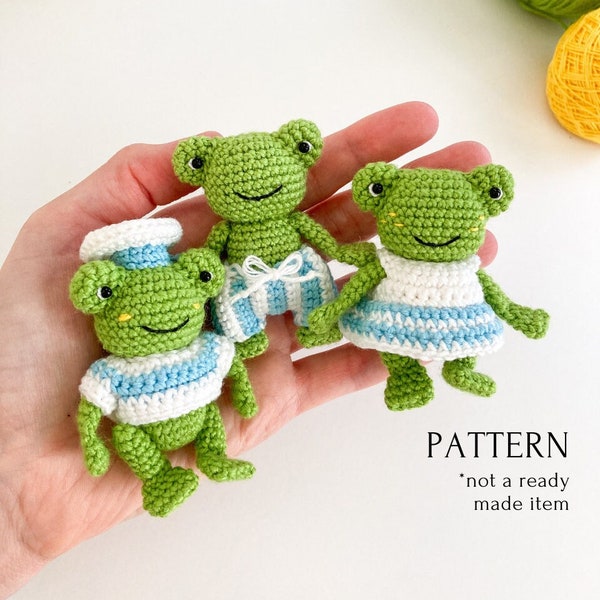 Amigurumi frog pattern, crochet frog toy + clothes, crochet tutorial, toys for dolls, crochet amphibian, DIY little green frog
