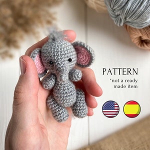 Elephant crochet toy pattern in English and Spanish, amigurumi mini elephant pattern, crochet tutorial, toys for dolls, safari amigurumi