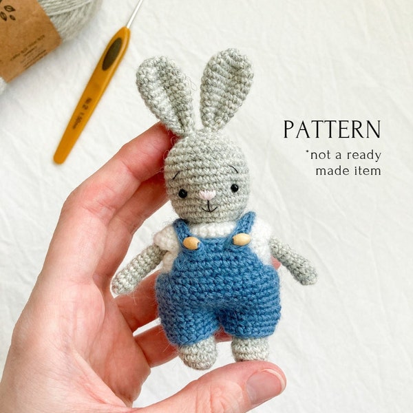 crochet pattern rabbit in overalls outfit, VIDEO, amigurumi crochet bunny, crochet toy, tutorial in PDF, easy to follow