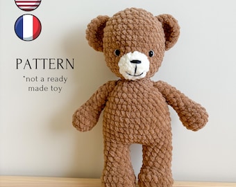plush teddy bear crochet toy pattern, amigurumi crochet bear pattern, crochet tutorial, cute bear toy, English, French