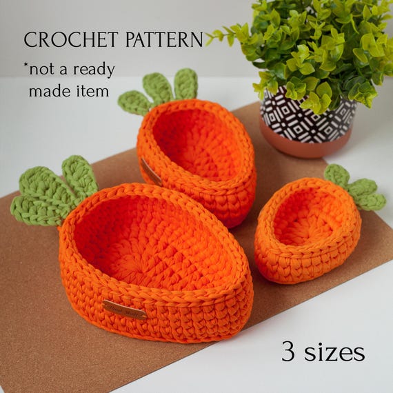 Carrot Basket T-Shirt Yarn Crochet Pattern in 3 sizes, Easter Home Décor DIY, Kitchen Storage Boxes, Easy Instruction for Beginner