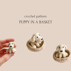 crochet pattern puppy in a basket, cute puppy toy, amigurumi tutorial in PDF, easy to follow pattern