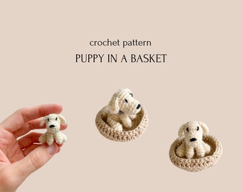 crochet pattern puppy in a basket, cute puppy toy, amigurumi tutorial in PDF, easy to follow pattern