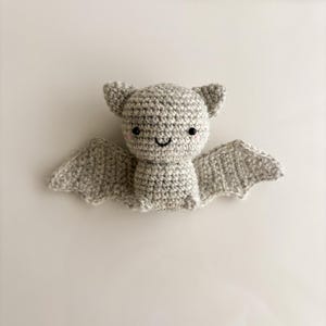 Op de afbeelding: Een kleine, lichtgrijze gehaakte vleermuis met een rond hoofd, puntige oren en uitgestrekte vleugels. De vleermuis heeft twee kleine zwarte kraaloogjes, een geborduurde zwarte mond en subtiele roze draadaccenten op de wangen, gemaakt van garen.