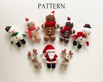 Christmas bundle 4 in 1 amigurumi patterns - snowman, Santa Claus, gingerbread man, reindeer, crochet tutorial, mini toys for dolls, PDF