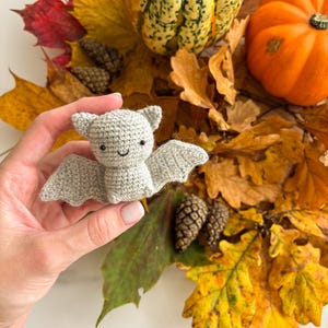 Op de afbeelding: Een kleine, lichtgrijze gehaakte vleermuis knuffel met puntige oren, uitgestrekte vleugels en een eenvoudig geborduurd gezicht met twee zwarte kraaloogjes en een klein gebogen mondje, gemaakt met een textuurrijk garenpatroon.