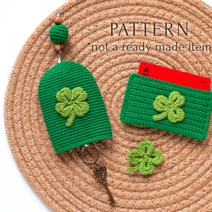 Conjunto de patrones de crochet para el Día de San Patricio 2 en 1: funda para llaves y tarjetero con forma de trébol, tutorial de regalo con amuleto de la suerte de trébol de cuatro hojas
