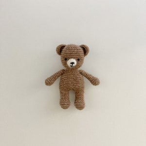 May include: A brown crocheted teddy bear with white accents for the nose and eyes. The bear is standing on a white background.