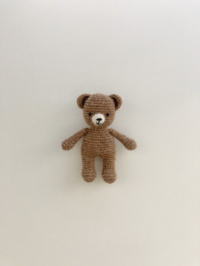 May include: A brown crocheted teddy bear with white accents for the nose and eyes. The bear is standing on a white background.