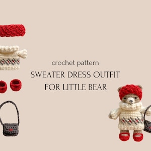 以下が含まれることがあります： 小さなクマのためのセータードレスの衣装の編み物パターン。衣装には、白とグレーのセータードレス、赤い帽子、赤い靴、灰色のハンドバッグが含まれています。